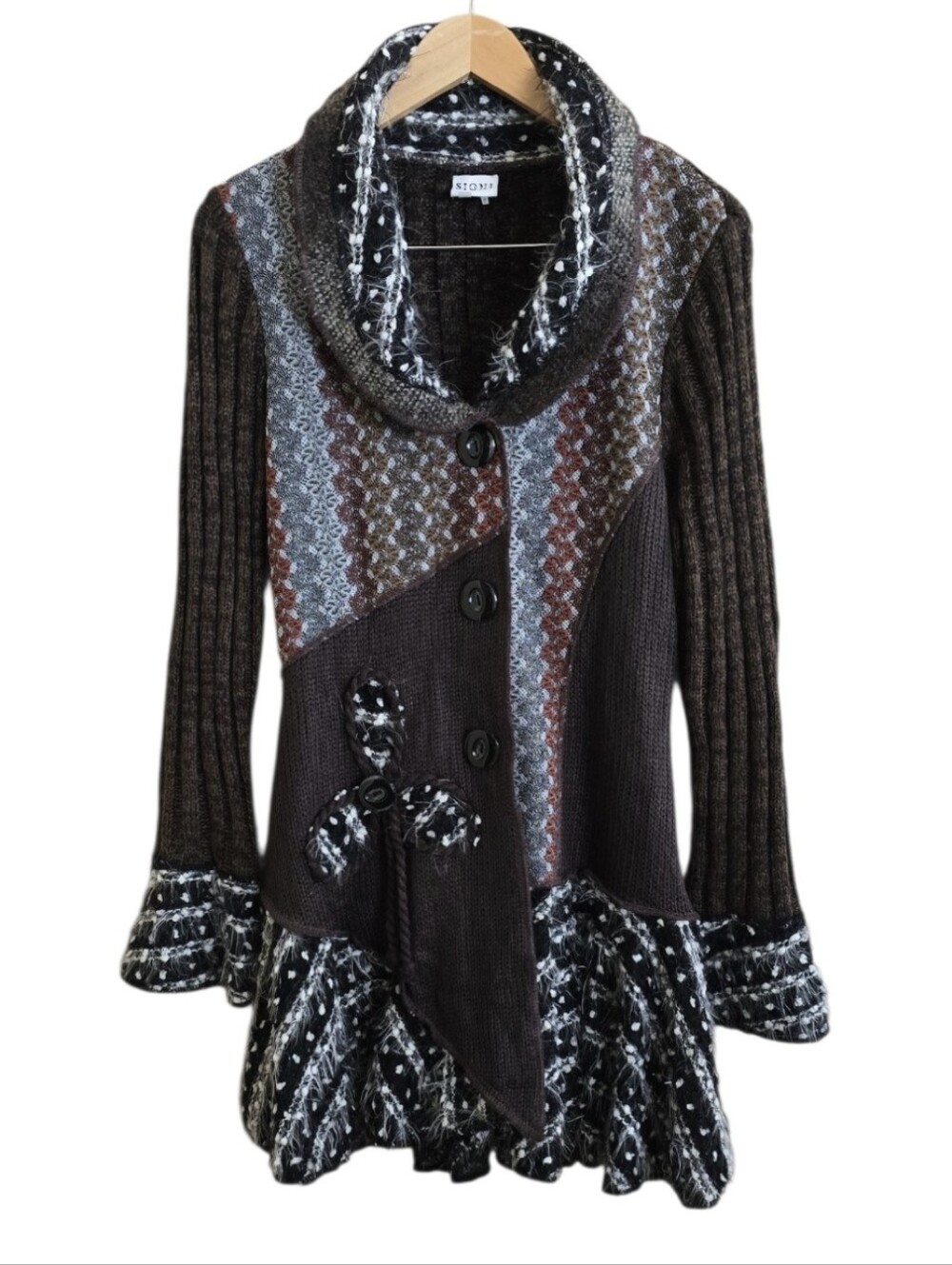 Sioni Mixed Media Patchwork Whimsigoth Fairycore Wool Blend Cardigan. Large